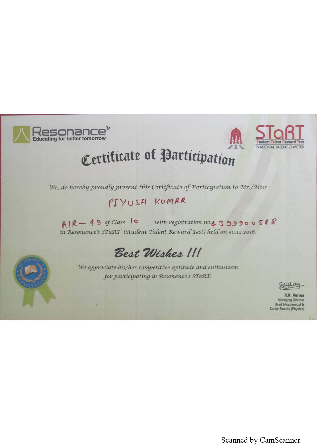 Resonance's STaRT certificate, Class 10th